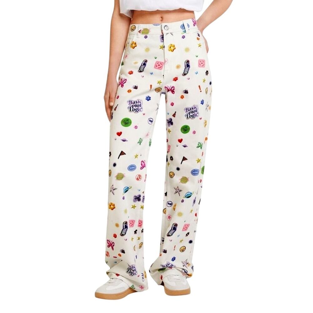 Bershka Jeans Womens 4 Multicolor High Rise 90s Wide Leg Cartoon Space Print